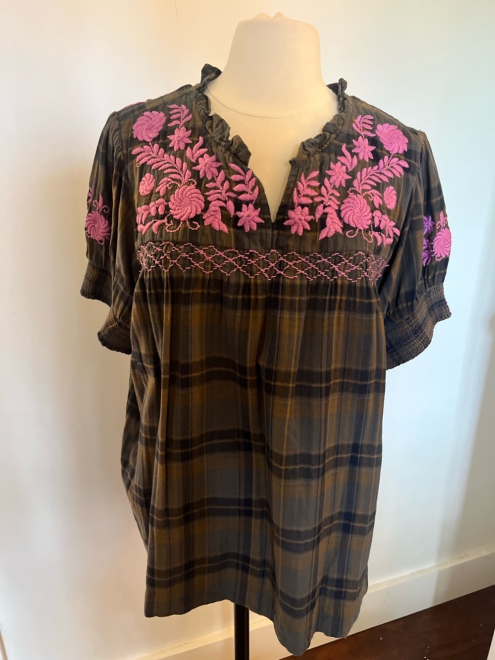 ivy jane Brown Plaid Blouse with Pink Floral Embroidery